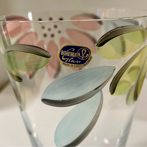 Bohemia Glass Clear Glass Vase Hand Painted Flowers Czech Republic 9.75” Tall - Picture 3 of 10